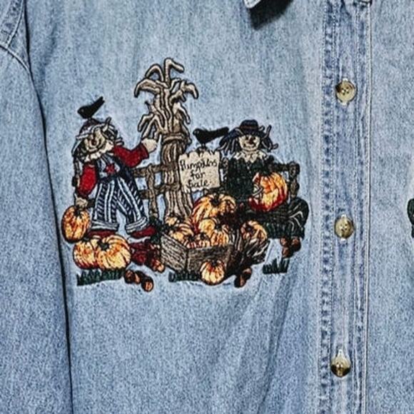 Quizz New York Embroidered Chambray Button-Up Plus Size 22 Autumn Scarecrows - Picture 2 of 6